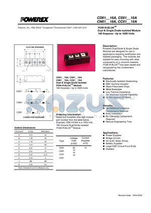 CC611416A datasheet - POW-R-BLOK Dual & Single Diode Isolated Module 160 Amperes / Up to 1600 Volts