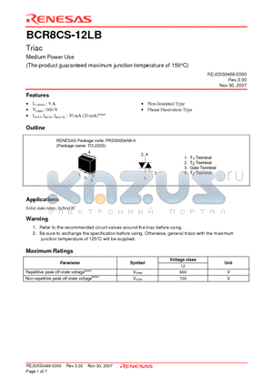 BCR8CS-12LB-T11 datasheet - Triac Medium Power Use (The product guaranteed maximum junction temperature of 150`C)