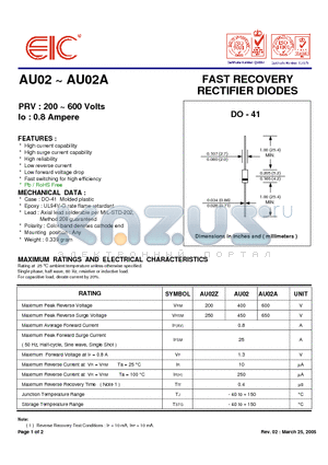 AU02 datasheet - FAST RECOVERY RECTIFIER DIODES