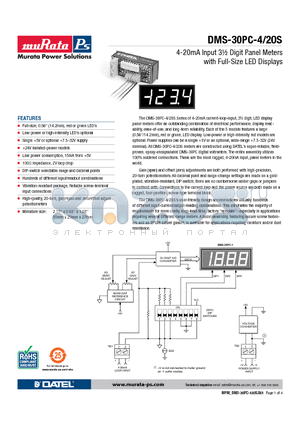 DMS-30PC-4/20S-24RS-I-C datasheet - 4-20mA Input 3m Digit Panel Meters with Full-Size LED Displays