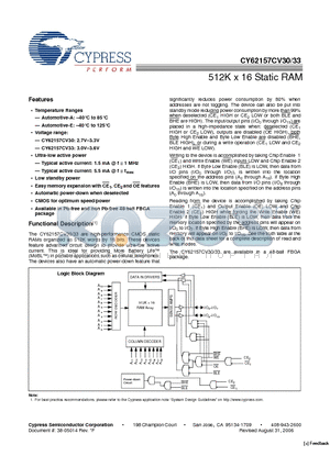 CY62157CV33LL-70BAE datasheet - 512K x 16 Static RAM