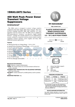 1SMA10AT3 datasheet - 400 Watt Peak Power Zener Transient Voltage Suppressors