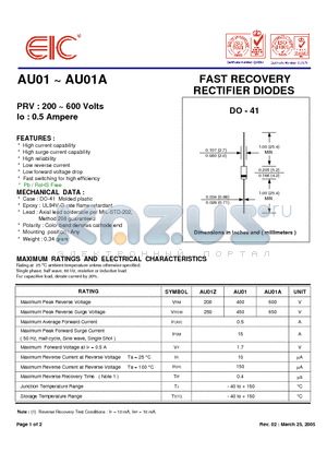 AU01A datasheet - FAST RECOVERY RECTIFIER DIODES