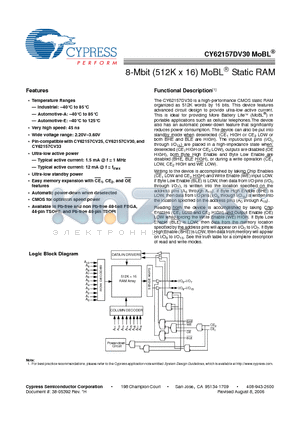 CY62157DV30L-55ZSXE datasheet - 8-Mbit (512K x 16) MoBL Static RAM