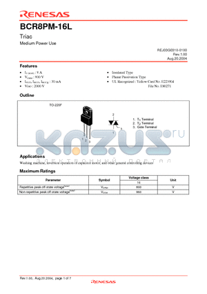 BCR8PM-16L datasheet - Triac Medium Power Use