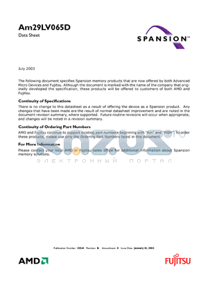 AM29LV065DU101REIN datasheet - 64 Megabit (8 M x 8-Bit) CMOS 3.0 Volt-only Uniform Sector Flash Memory with VersatileIOTM Control