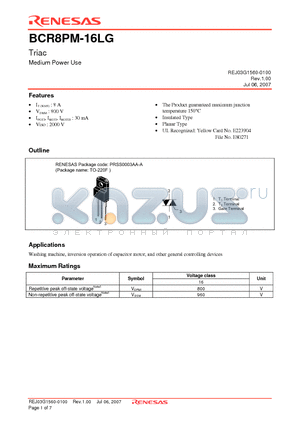 BCR8PM-16LG datasheet - Triac Medium Power Use