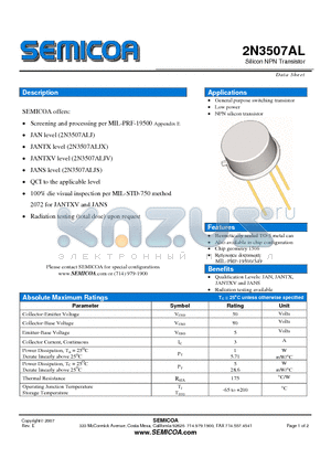 2N3507AL datasheet - Silicon NPN Transistor