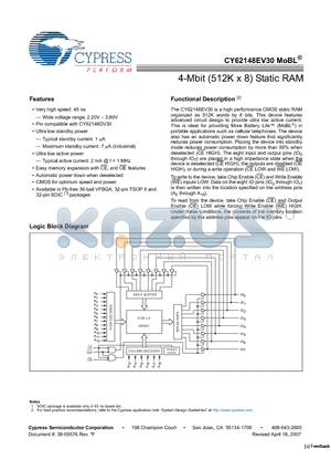 CY62148EV30LL-45ZSXI datasheet - 4-Mbit (512K x 8) Static RAM