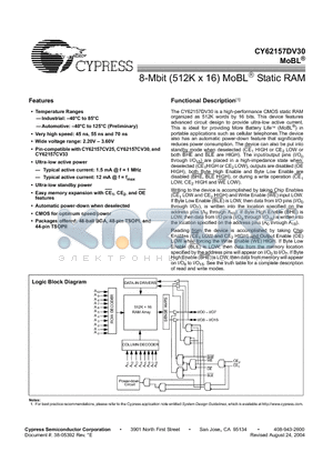 CY62157DV30LL-70BVI datasheet - 8-Mbit (512K x 16) MoBL Static RAM