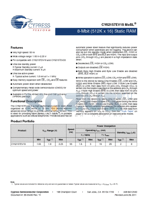 CY62157EV18 datasheet - 8-Mbit (512K x 16) Static RAM Automatic power down when deselected