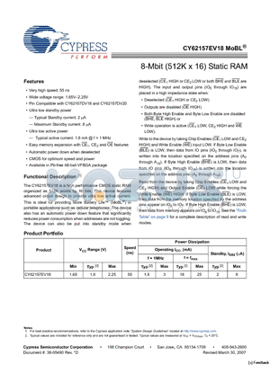 CY62157EV18LL-55BVXI datasheet - 8-Mbit (512K x 16) Static RAM