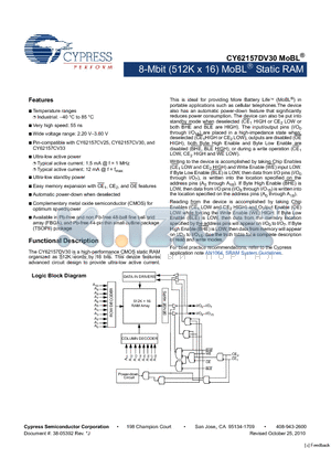 CY62157DV30LL-55ZSXI datasheet - 8-Mbit (512K x 16) MoBL Static RAM