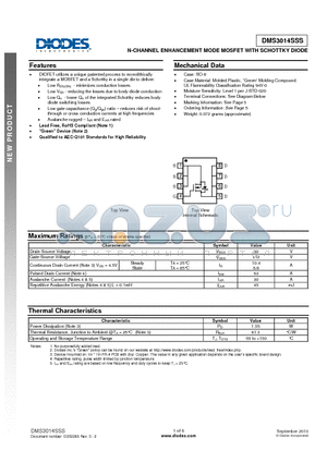 DMS3014SSS datasheet - N-CHANNEL ENHANCEMENT MODE MOSFET WITH SCHOTTKY DIODE