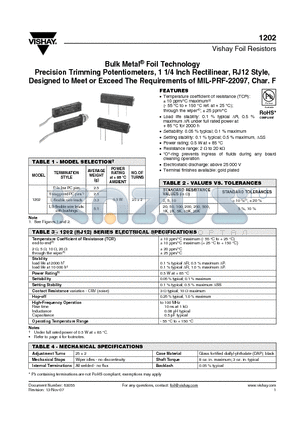 1202 datasheet - Bulk Metal^ Foil Technology Precision Trimming Potentiometers, 1 1/4 Inch Rectilinear, RJ12 Style,