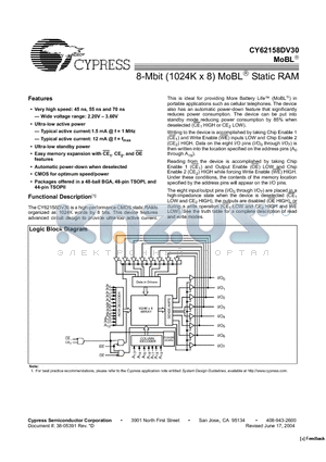 CY62158DV30LL-55ZSXI datasheet - 8-Mbit (1024K x 8) MoBL Static RAM