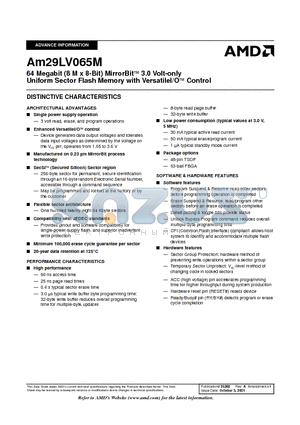 AM29LV065MU101E datasheet - 64 Megabit (8 M x 8-Bit) MirrorBit 3.0 Volt-only Uniform Sector Flash Memory with VersatileI/O Control