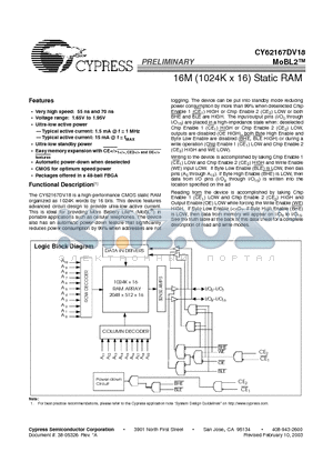 CY62167DV18L-55 datasheet - 16M (1024K x 16) Static RAM