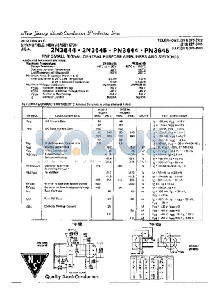 2N3644 datasheet - PNP SMALL SIGNAL GENERAL PURPOSE AMPLIFIERS
