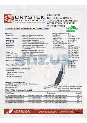 CCASMA-MM-LL142-24 datasheet - Armored 50 Ohm 18GHz Low Loss Coaxial Cables