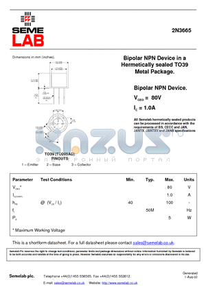 2N3665 datasheet - Bipolar NPN Device in a Hermetically sealed TO39 Metal Package