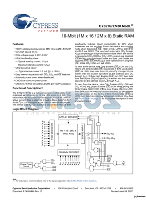 CY62167EV30 datasheet - 16-Mbit (1M x 16 / 2M x 8) Static RAM