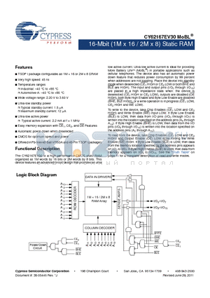 CY62167EV30 datasheet - 16-Mbit (1M x 16 / 2M x 8) Static RAM Automatic power-down when deselected