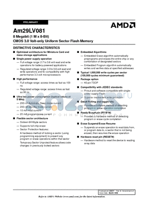 AM29LV081-150FI datasheet - 8 Megabit (1 M x 8-Bit) CMOS 3.0 Volt-only Uniform Sector Flash Memory