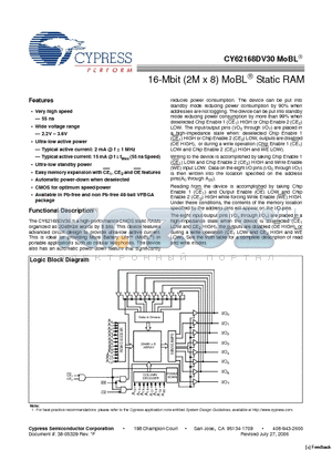 CY62168DV30LL-55BVI datasheet - 16-Mbit (2M x 8) MoBL^ Static RAM