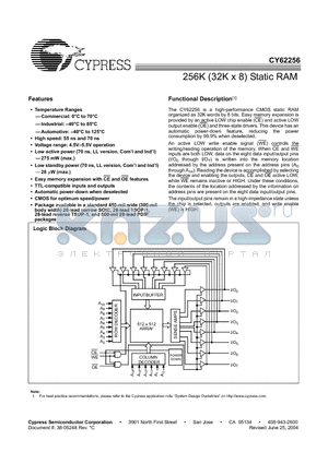 CY62256-70SNC datasheet - 256K (32K x 8) Static RAM