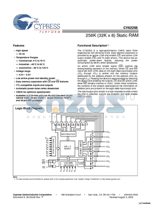 CY62256L-70SNC datasheet - 256K (32K x 8) Static RAM