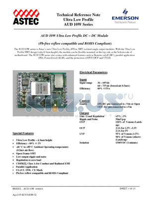 AUD03M48 datasheet - Ultra Low Profile DC - DC Module (Pb-free reflow compatible and ROHS Compliant)