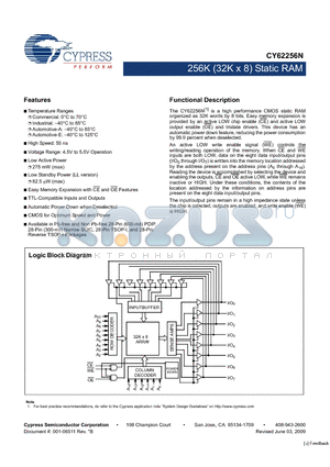 CY62256NL-70SNXI datasheet - 256K (32K x 8) Static RAM