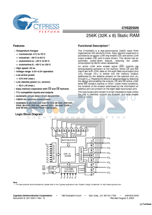 CY62256NLL-55SNXE datasheet - 256K (32K x 8) Static RAM