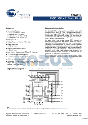 CY62256NLL-55ZXE datasheet - 256K (32K  8) Static RAM