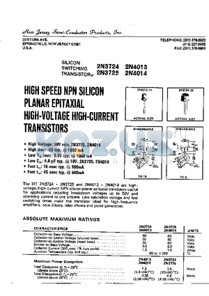 2N3725 datasheet - HIGH SPEED NPN SILICON PLANAR EPITAXIAL