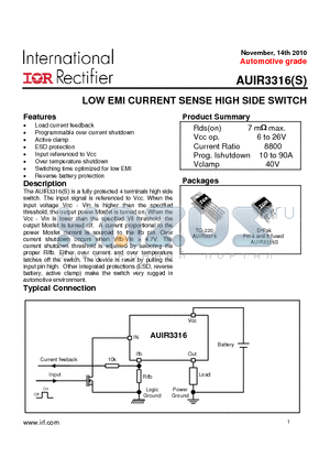 AUIR3316 datasheet - LOW EMI CURRENT SENSE HIGH SIDE SWITCH