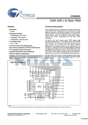 CY62256VLL-70ZRXI datasheet - 256K (32K x 8) Static RAM