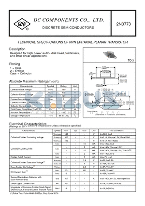 2N3773 datasheet - TECHNICAL SPECIFICATIONS OF NPN EPITAXIAL PLANAR TRANSISTOR