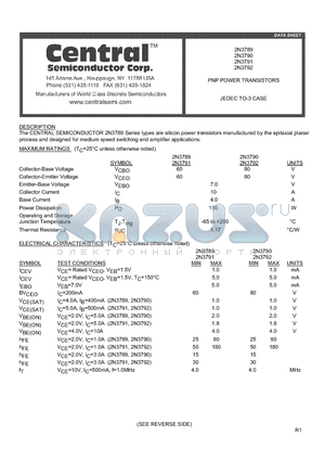2N3789 datasheet - PNP POWER TRANSISTORS JEDEC TO-3 CASE