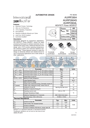 AUIRF2804L datasheet - HEXFET^ Power MOSFET