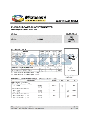 2N3792 datasheet - PNP HIGH POWER SILICON TRANSISTOR