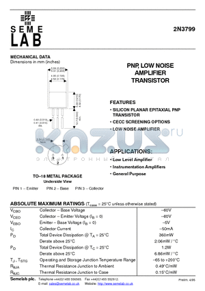 2N3799 datasheet - PNP, LOW NOISE AMPLIFIER TRANSISTOR