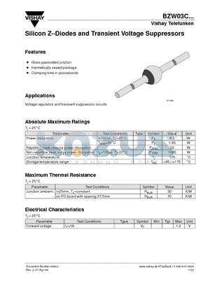 BZW03C270 datasheet - Silicon Z-Diodes and Transient Voltage Suppressors