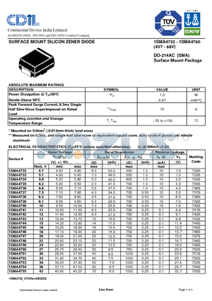 1SMA4743 datasheet - SURFACE MOUNT SILICON ZENER DIODE