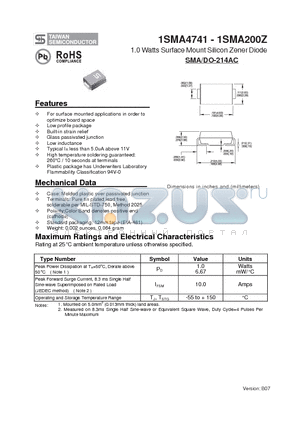 1SMA4744 datasheet - 1.0 Watts Surface Mount Silicon Zener Diode