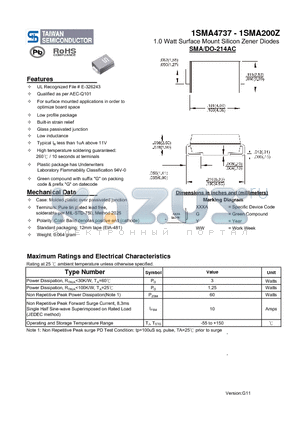 1SMA4744 datasheet - 1.0 Watt Surface Mount Silicon Zener Diodes