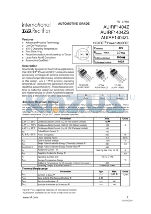 AUIRF1404Z datasheet - HEXFET^ Power MOSFET