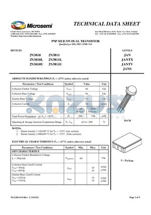 2N3810 datasheet - PNP SILICON DUAL TRANSISTOR