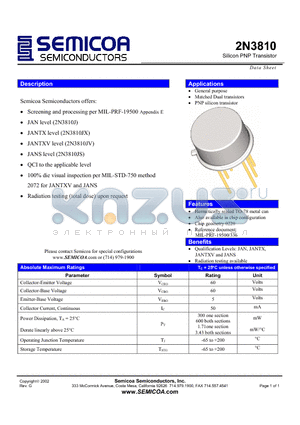 2N3810 datasheet - Silicon PNP Transistor